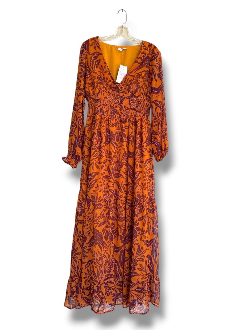 NWT Patrons of Peace Vibrant Orange Floral Boho Peasant Maxi Dress Size Medium